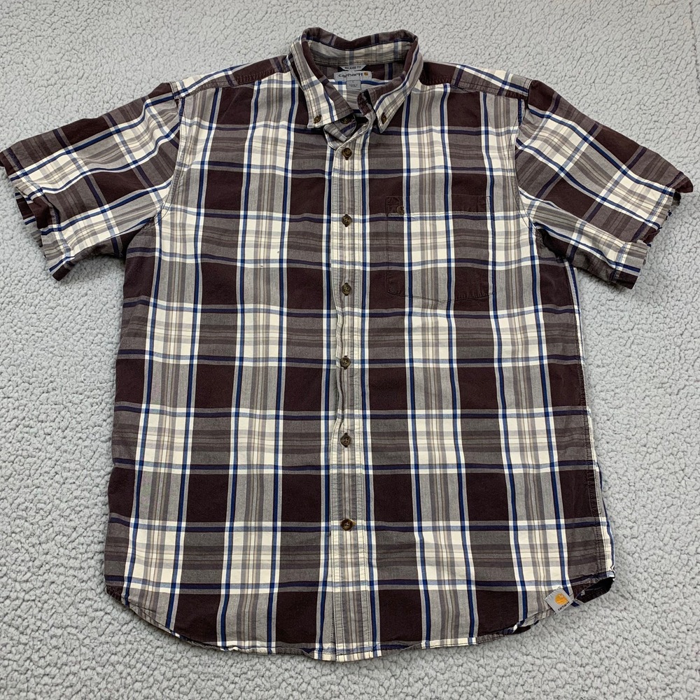 Carhartt Button Down Shirt Mens L Brown 101552 201 Relaxed Fit Plaid Cotton S/S